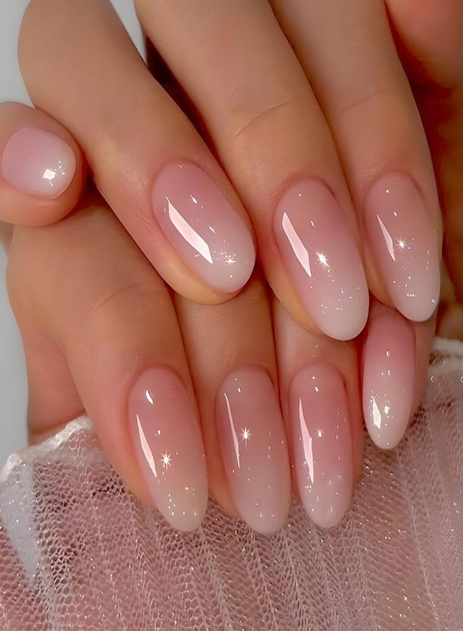 WAFOLOZE Almond Press on Nails, Almond Shaped Press On Nails, Nail Press ons Short Fake Nail Pink Ombre False Nail with Glitter Glue On Short Design Artificial Stick on Nails for Women 24Pcs - Image 1